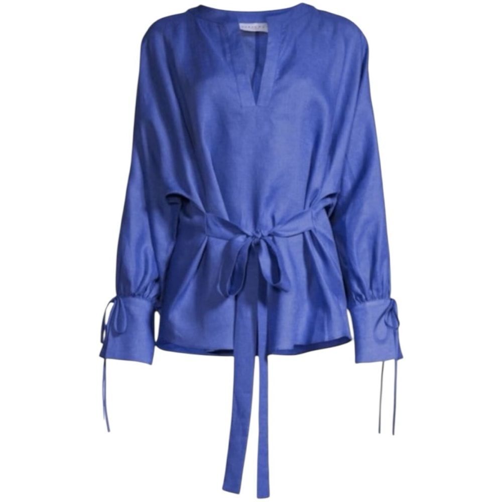 Harshman Laile Tie Cuff 100% Linen Blouse Blue Women's Small S NWT